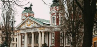 Historic facade of the National Theatre in Sofia, Bulgaria 