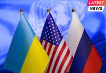 The US flag, Russian flag, Ukraine flag.
