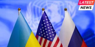 The US flag, Russian flag, Ukraine flag.