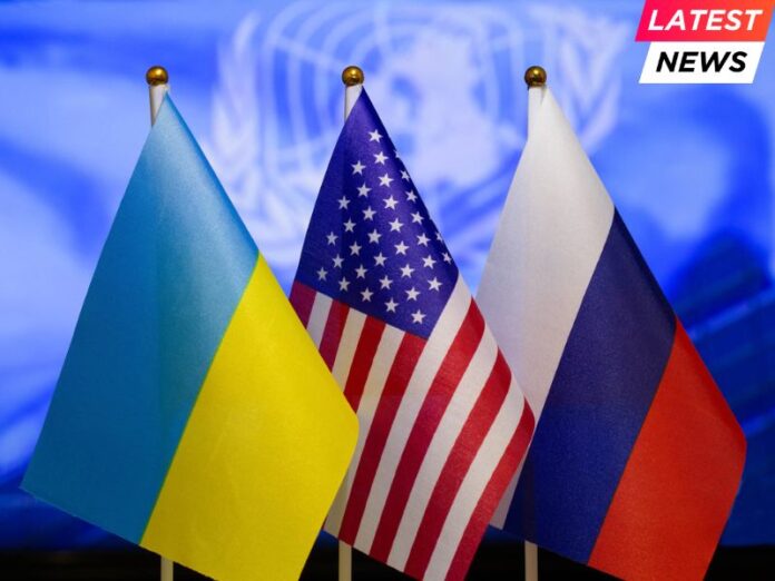 The US flag, Russian flag, Ukraine flag.