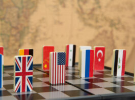 symbols of countries on the chessboard against against the background the political map of the world. Conceptual photo, political games.