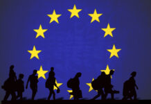 EU flag with refugees, immigration and withdrawal symbol