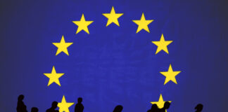 EU flag with refugees, immigration and withdrawal symbol