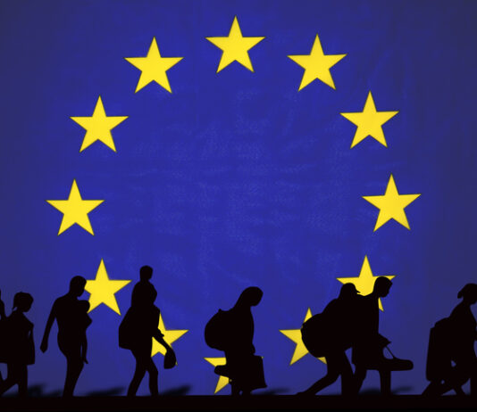 EU flag with refugees, immigration and withdrawal symbol