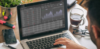 Trade platform, forex trading. Stock exchange market analysis on laptop screen