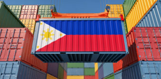 Container Terminal. Shipping Container with Philippines flag