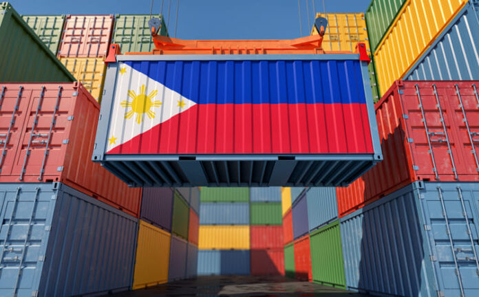 Container Terminal. Shipping Container with Philippines flag