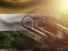 Double exposure among of coins stacking , stock market graph chat and India flag for India country is big economy and high business development growth from many investment