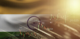 Double exposure among of coins stacking , stock market graph chat and India flag for India country is big economy and high business development growth from many investment