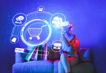 Smart female sitting on sofa while wearing VR headset connecting metaverse, future cyberspace community technology. Elegant woman enjoy open interface online store menu shop product.