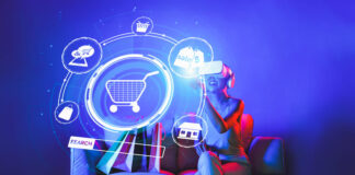 Smart female sitting on sofa while wearing VR headset connecting metaverse, future cyberspace community technology. Elegant woman enjoy open interface online store menu shop product.