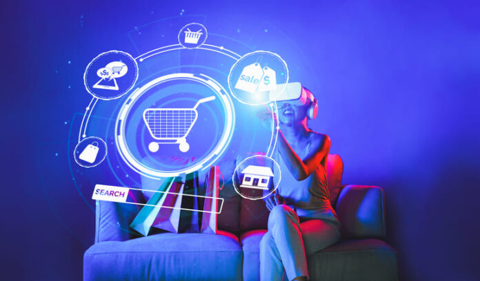 Smart female sitting on sofa while wearing VR headset connecting metaverse, future cyberspace community technology. Elegant woman enjoy open interface online store menu shop product.