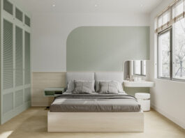 Two Colour Combinations for Small Bedrooms to Make Them Look Spacious The interior of a bright bedroom features white and green paint on the wall, and green cabinet