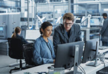 Female Engineer Collaborating on a Project, Using Computer and Talking in a Factory with Robotic Arms Producing Modern High Tech Devices.