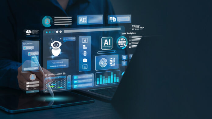 Businessman using AI agents on screen, including chatbots, AI assistants, and data analytics tools on a laptop. Chatbot, Ai agentic workflows.