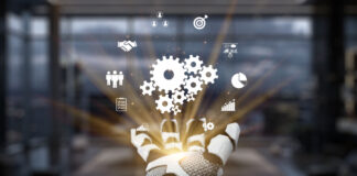 Futuristic Robot Hand Reaching Out with Business Symbols and Icons Representing Technology, Operations, Innovation, and Automation in Modern Workspace.