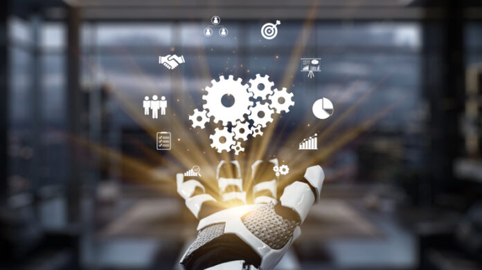 Futuristic Robot Hand Reaching Out with Business Symbols and Icons Representing Technology, Operations, Innovation, and Automation in Modern Workspace.