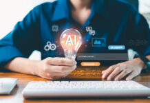 AI agent generate. user holding virtual AI lightbulb icon with Generate button, command prompt bar, symbolizing generative AI, idea creation, smart automation prompt based content generation systems