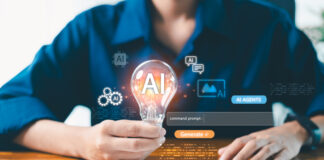 AI agent generate. user holding virtual AI lightbulb icon with Generate button, command prompt bar, symbolizing generative AI, idea creation, smart automation prompt based content generation systems