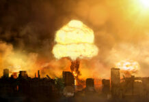 3d illustration of nuclear catastrophe, city and atomic bomb