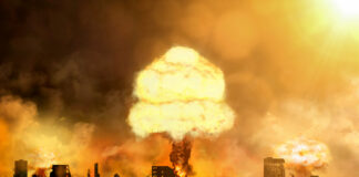 3d illustration of nuclear catastrophe, city and atomic bomb