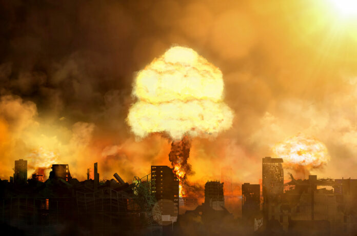 city and atomic bomb 3d illustration of nuclear catastrophe, city and atomic bomb