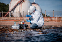 AI Artificial Intelligence for Monitoring Pollutants in Water Scientist wearing safety uniform and glove under working water analysis and water quality by get waste water to check case in laboratory is environment pollution problem