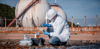 Scientist wearing safety uniform and glove under working water analysis and water quality by get waste water to check case in laboratory is environment pollution problem