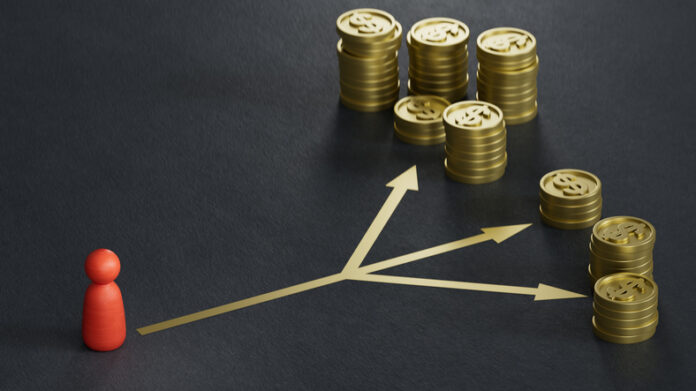 One pawn and many golden coins with 3 arrows. Investment decision making or porfolio diversification.3D rendering on black background. Investment decision making or porfolio diversification.