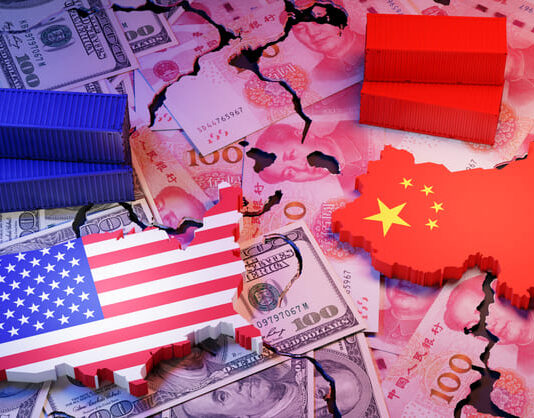 Dark Lessons of Prewar Protectionism: From Tariff Wars to Global Fragmentation Symbolic image of US-China trade war showing cracked dollar and yuan banknotes, shipping containers, and country maps with flags.