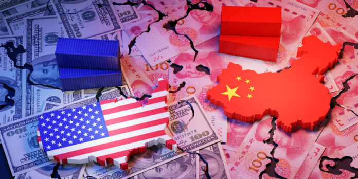 Symbolic image of US-China trade war showing cracked dollar and yuan banknotes, shipping containers, and country maps with flags.