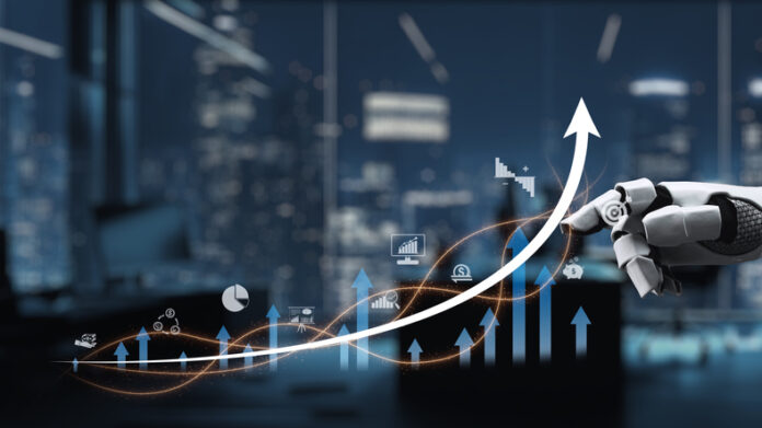 Futuristic Robot Hand Pointing at Growing Graphs and Data Representations in Modern Office Environment Showing Business Success and Technology Integration. Auvana Business Growth in the AI-Driven Era