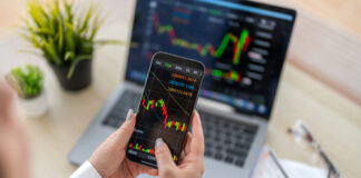Woman with stock market chart financial trading, online investment, stock exchange analysis, market trends, real-time trading data, forex and crypto trading economic forecasting tool