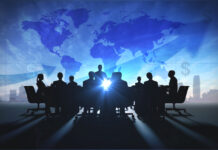 The New Rules of Global Business: Why Geopolitics Now Dictates Where and How Companies Operate Global management team business people meeting silhouettes rendered with computer graphic.