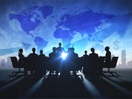 Global management team business people meeting silhouettes rendered with computer graphic.
