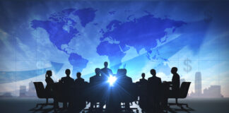 Global management team business people meeting silhouettes rendered with computer graphic.