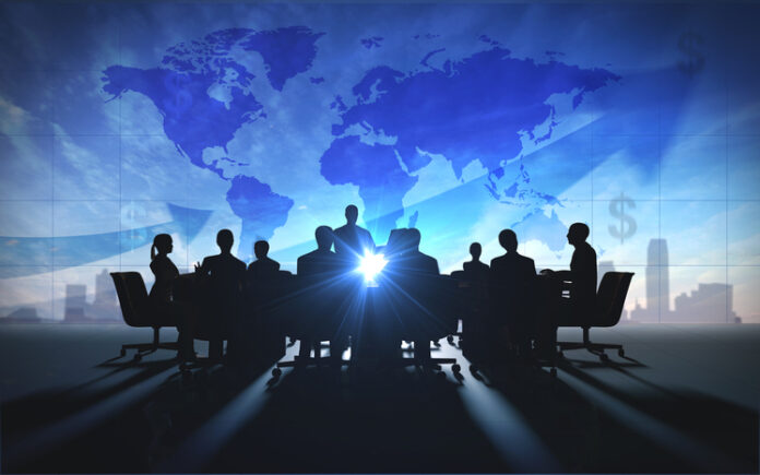 Global management team business people meeting silhouettes rendered with computer graphic.
