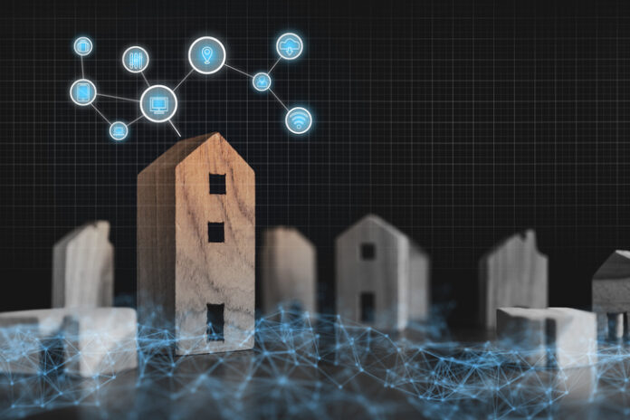 smart home ideas concept wooden house model on dark wood table and black background with business icon connecting line Mortgage Automation