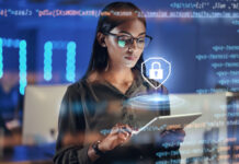 Compliance Begins With Visibility Across Complex Digital Environments Lock hologram, tablet and woman with data analysis safety, software overlay and cyber security coding at night.