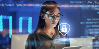 Lock hologram, tablet and woman with data analysis safety, software overlay and cyber security coding at night.