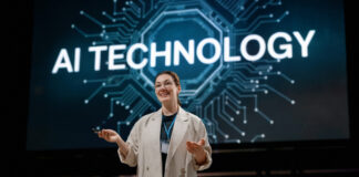 A woman having workshops on stage about the future of AI technologies.