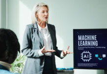 Microlearning Offers A Flexible Approach to Gen AI Education Business woman, conference room and machine learning presentation on screen for innovation, idea and training