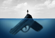 Crimes Against Humanity with Impunity Japanese Biowarfare, US Collusion, Chinese Victims Gun concept as a child standing on a giant firearm submerged in water as a symbol for guns and violence and the risk of weapons