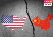 US and China painted on cracked wall