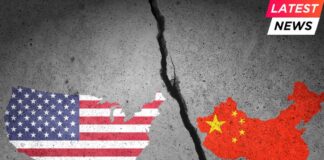US and China painted on cracked wall