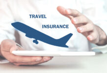 Man protect airplane. Travel insurance