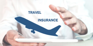 Man protect airplane. Travel insurance