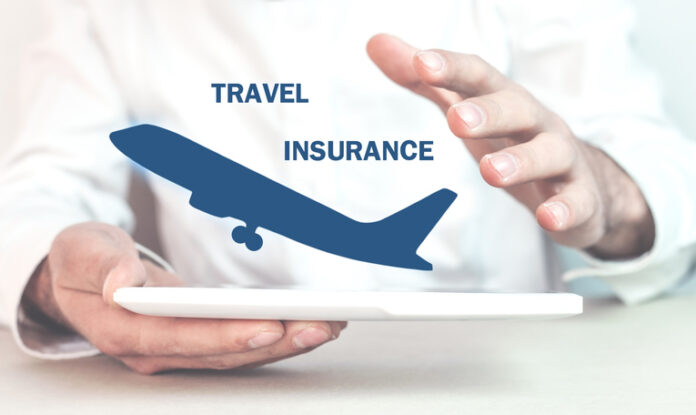 Man protect airplane. Travel insurance