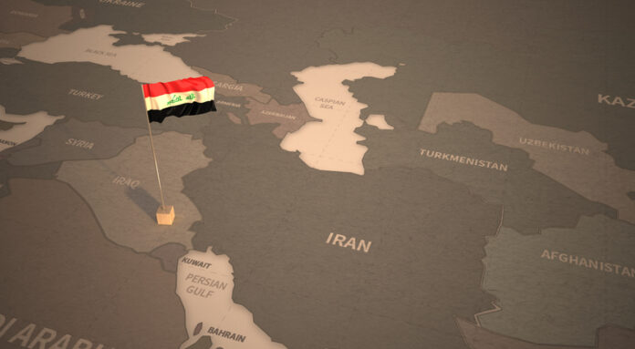 Flag on the map of iraq. Vintage Map and Flag of middle east, arab Countries Series 3D Rendering Flag on the map of iraq. Vintage Map and Flag of middle east, arab Countries Series