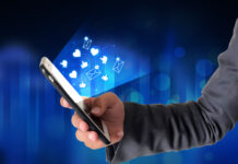 Man using social media with glowing notifications and signs on screen. Modern tech backdrop